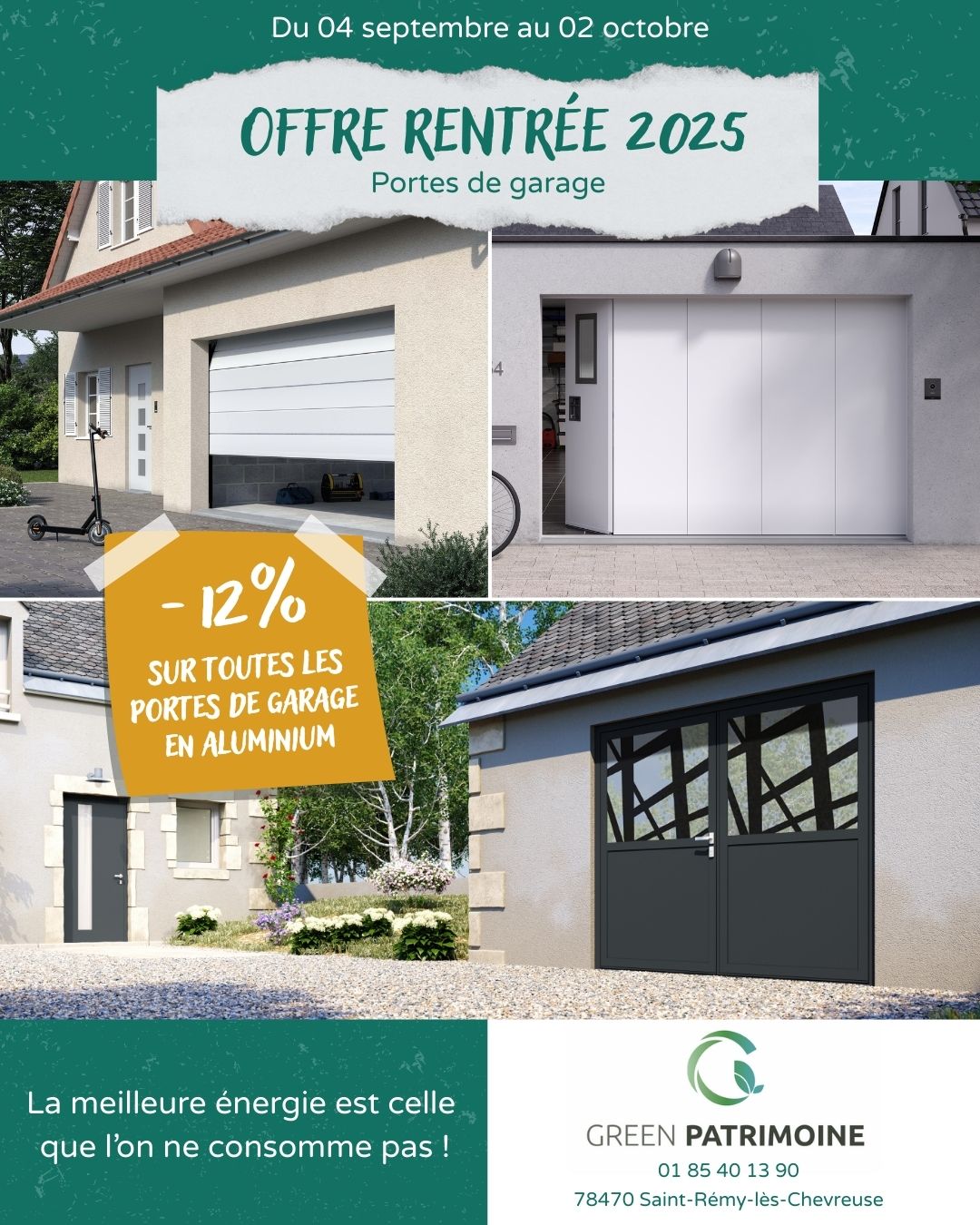 Du 04 septembre au 02 octobre 2025, profitez de -12% sur toutes les portes de garage en aluminium.