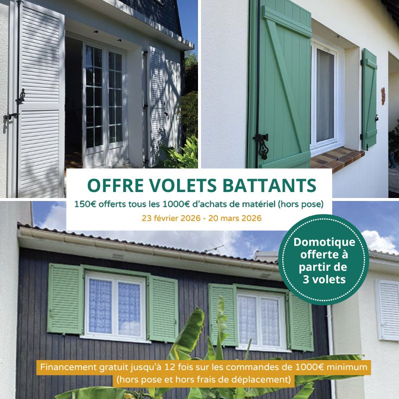Du 23 février au 20 mars 2026, profitez d’une offre spéciale pour équiper ou remplacer vos volets battants avec Sothoferm et Ehret Offre limitée sur les volets battants.