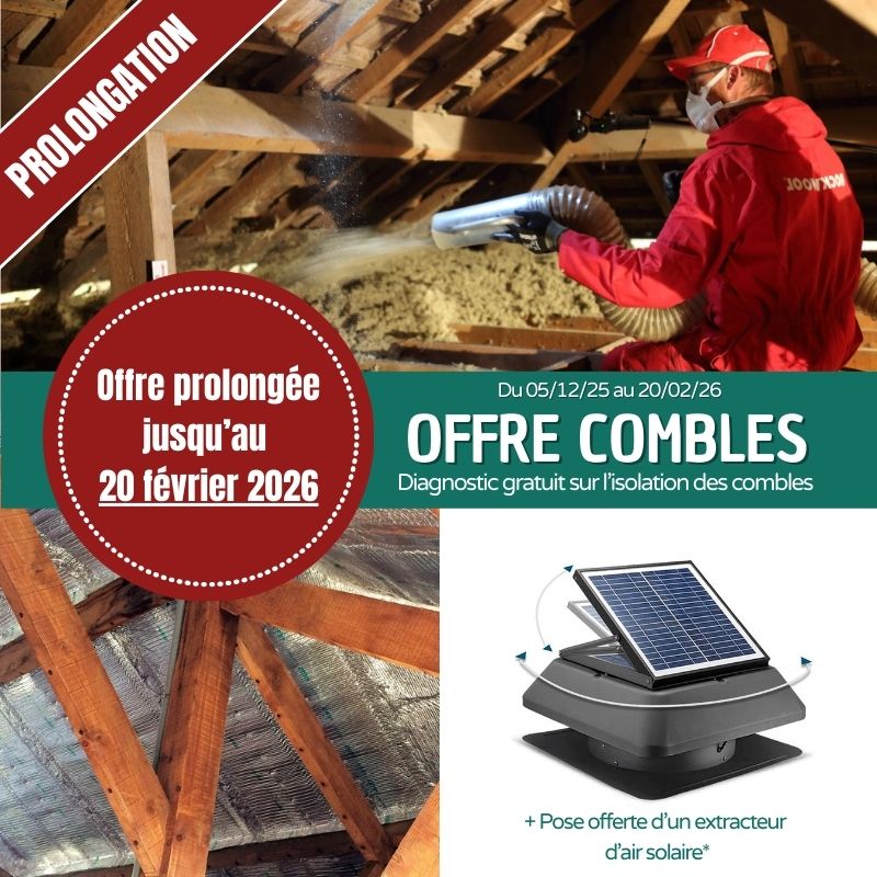 Du 05/12/2025 au 20/02/2026 Diagnostic gratuit sur l’isolation des combles + pose offerte d’un extracteur d’air solaire (pour tout achat d’un extracteur d’air solaire). Isolation des combles