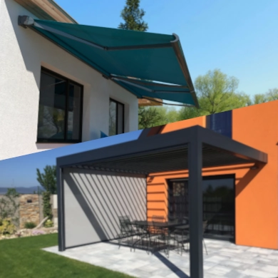 Montage photo avec un visuel d'un store-banne en haut et un visuel d'une pergola bioclimatique en bas.